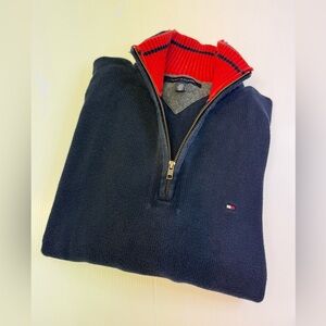 Tommy Hilfiger Men's Dark Blue and Red Zip-Up Sweater